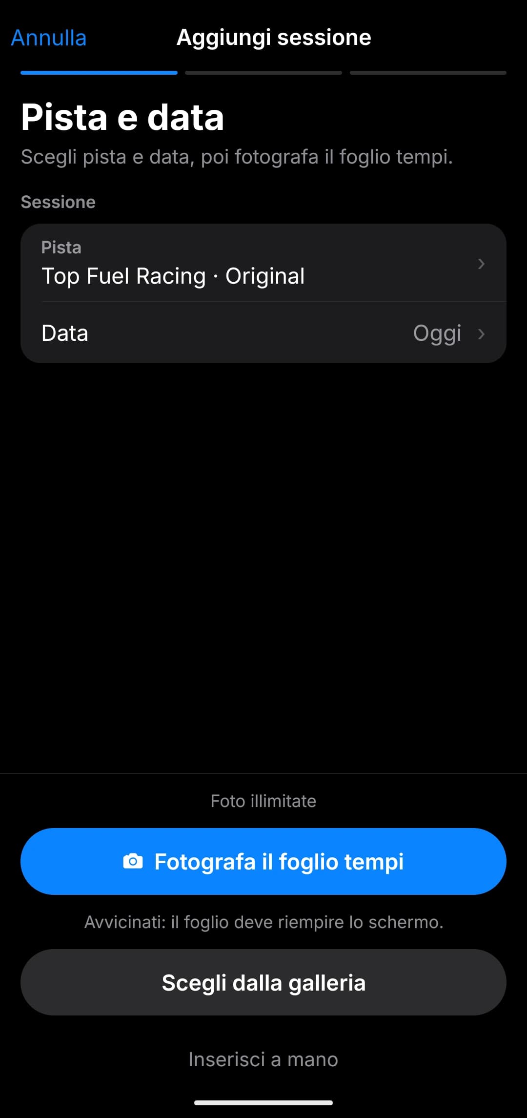 L’app Laprival: aggiungi una sessione fotografando il foglio tempi, scegliendo una foto dalla galleria o inserendo il tempo a mano
